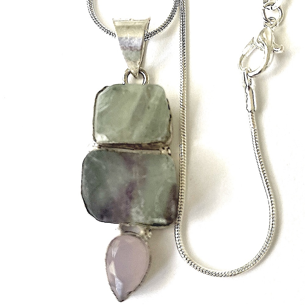 Sterling Silver Green Stone and Rose Quartz Necklace